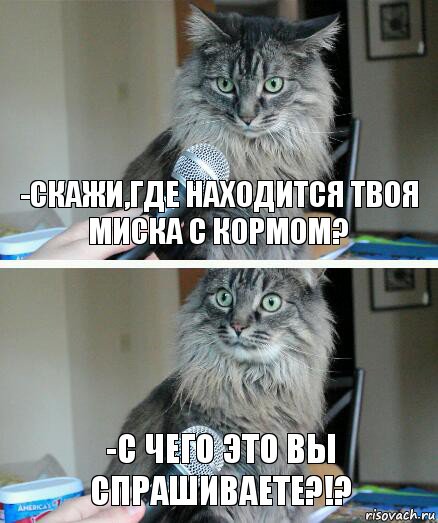 -Скажи,где находится твоя миска с кормом? -С чего это вы спрашиваете?!?, Комикс  кот с микрофоном