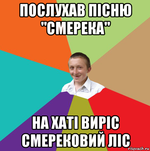 послухав пісню "смерека" на хаті виріс смерековий ліс, Мем  малый паца