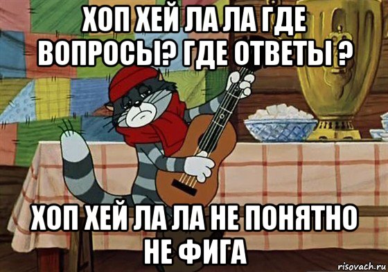 хоп хей ла ла где вопросы? где ответы ? хоп хей ла ла не понятно не фига, Мем Грустный Матроскин с гитарой