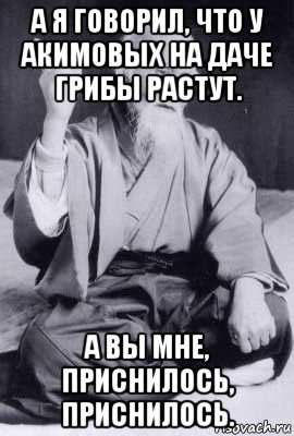 а я говорил, что у акимовых на даче грибы растут. а вы мне, приснилось, приснилось., Мем морихей уэсиба