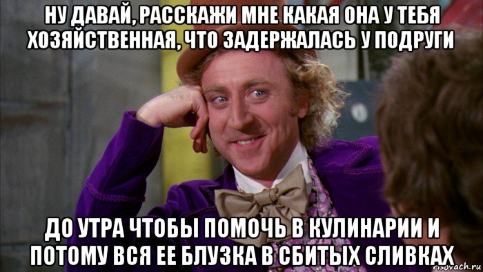 ну давай, расскажи мне какая она у тебя хозяйственная, что задержалась у подруги до утра чтобы помочь в кулинарии и потому вся ее блузка в сбитых сливках, Мем Ну давай расскажи (Вилли Вонка)