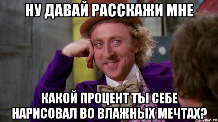 ну давай расскажи мне какой процент ты себе нарисовал во влажных мечтах?, Мем Ну давай расскажи (Вилли Вонка)