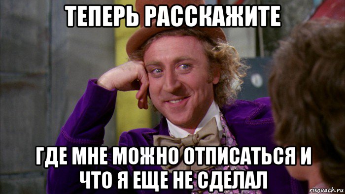 теперь расскажите где мне можно отписаться и что я еще не сделал, Мем Ну давай расскажи (Вилли Вонка)