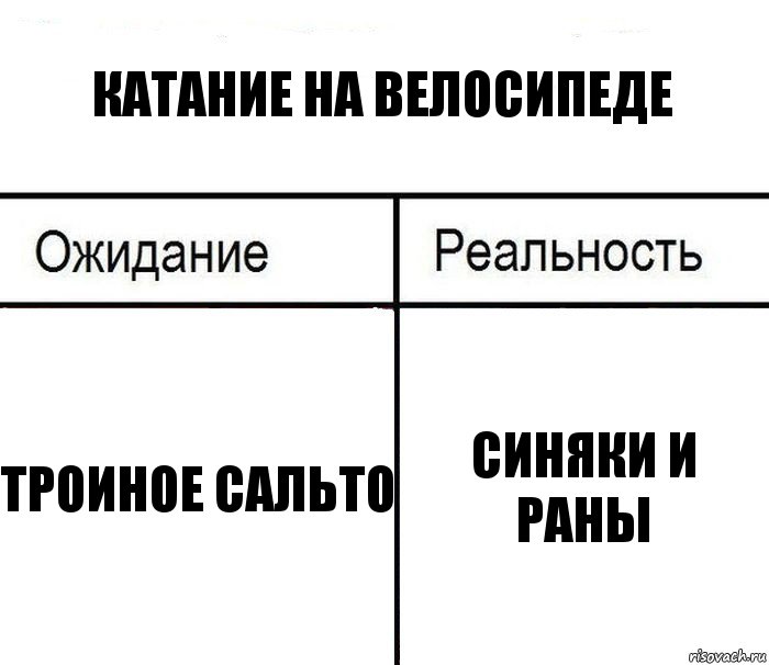 Катание на велосипеде Троиное сальто Синяки и раны, Комикс  Ожидание - реальность