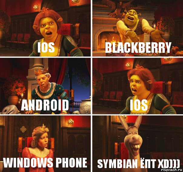 IOS BLACKBERRY ANDROID IOS WINDOWS PHONE SYMBIAN ЁПТ XD))), Комикс  Шрек Фиона Гарольд Осел