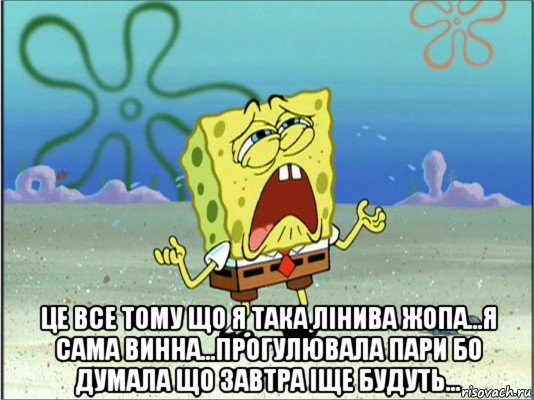  це все тому що я така лінива жопа...я сама винна...прогулювала пари бо думала що завтра іще будуть..., Мем Спанч Боб плачет