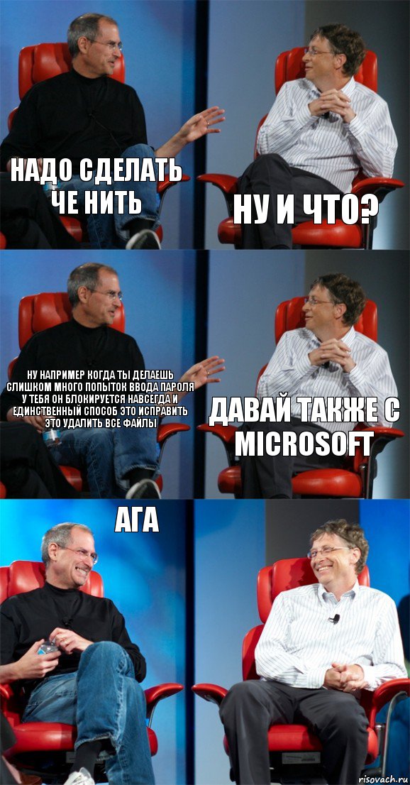 Надо сделать че нить ну и что? Ну например когда ты делаешь слишком много попыток ввода пароля у тебя он блокируется навсегда и единственный способ это исправить это удалить все файлы Давай также с Microsoft Ага , Комикс Стив Джобс и Билл Гейтс (6 зон)