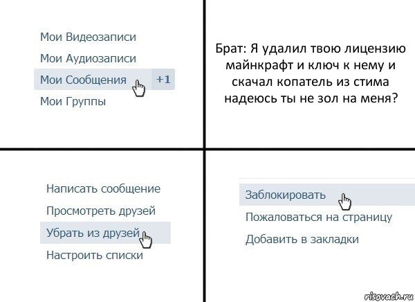 Брат: Я удалил твою лицензию майнкрафт и ключ к нему и скачал копатель из стима надеюсь ты не зол на меня?, Комикс  Удалить из друзей