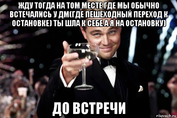 жду тогда на том месте где мы обычно встечались у дм(где пешеходный переход к остановке) ты шла к себе а я на остановку) до встречи, Мем Великий Гэтсби (бокал за тех)