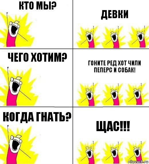 кто мы? Девки чего хотим? Гоните Ред хот чили пеперс и собак! Когда гнать? ЩАС!!!, Комикс Кто мы и чего мы хотим