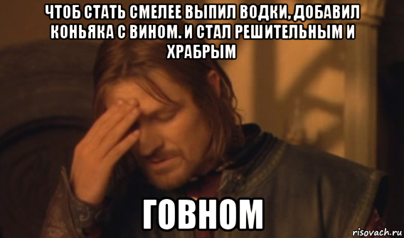 чтоб стать смелее выпил водки, добавил коньяка с вином. и стал решительным и храбрым говном, Мем Закрывает лицо