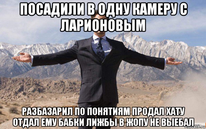 посадили в одну камеру с ларионовым разбазарил по понятиям продал хату отдал ему бабки лижбы в жопу не выебал, Мем железный человек