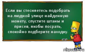 Если вы стесняетесь подобрать на людной улице найденную монету, спустите штаны и присев, якобы посрать, спокойно подберите находку., Комикс Барт пишет на доске