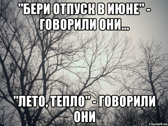 "бери отпуск в июне" - говорили они... "лето, тепло" - говорили они, Мем  будет весело говорили они