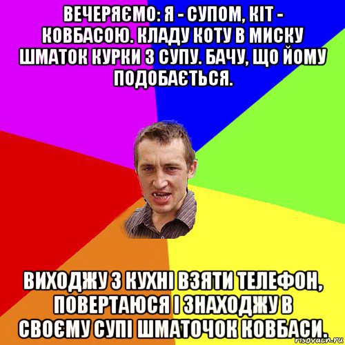 вечеряємо: я - супом, кіт - ковбасою. кладу коту в миску шматок курки з супу. бачу, що йому подобається. виходжу з кухні взяти телефон, повертаюся і знаходжу в своєму супі шматочок ковбаси., Мем Чоткий паца