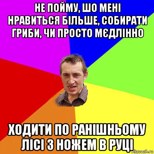 не пойму, шо мені нравиться більше, собирати гриби, чи просто мєдлінно ходити по ранішньому лісі з ножем в руці, Мем Чоткий паца