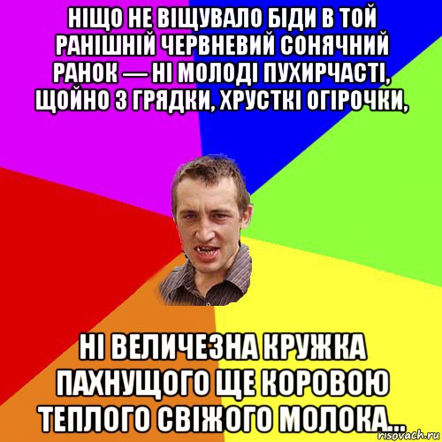 ніщо не віщувало біди в той ранішній червневий сонячний ранок — ні молоді пухирчасті, щойно з грядки, хрусткі огірочки, ні величезна кружка пахнущого ще коровою теплого свіжого молока..., Мем Чоткий паца