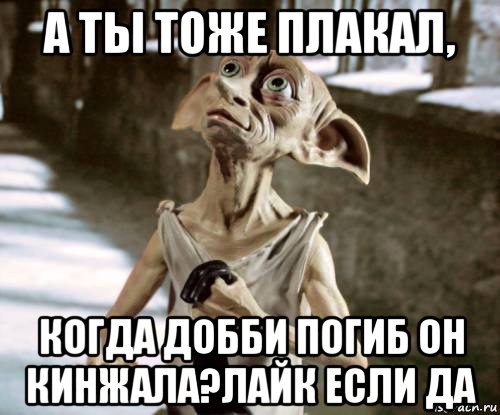 а ты тоже плакал, когда добби погиб он кинжала?лайк если да
