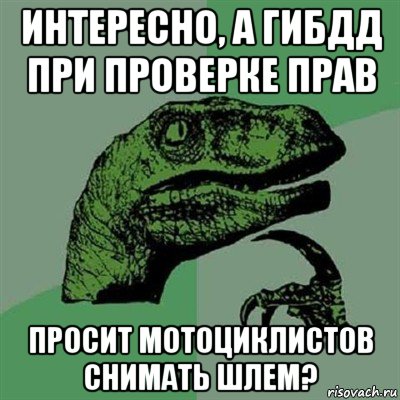 интересно, а гибдд при проверке прав просит мотоциклистов снимать шлем?, Мем Филосораптор