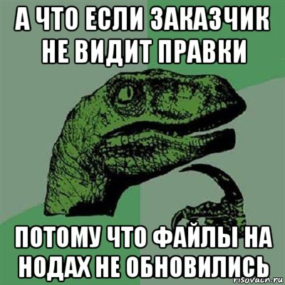 а что если заказчик не видит правки потому что файлы на нодах не обновились, Мем Филосораптор