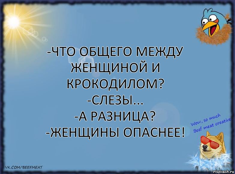 -Что общего между женщиной и крокодилом?
-Слезы...
-А разница?
-Женщины опаснее!