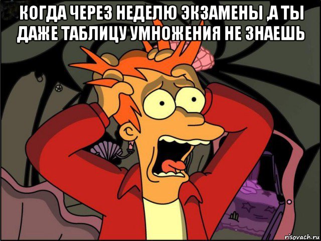 когда через неделю экзамены ,а ты даже таблицу умножения не знаешь , Мем Фрай в панике