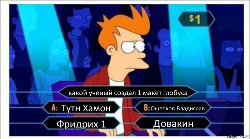 какой ученый создал 1 макет глобуса Тутн Хамон Ощепков Владислав Фридрих 1 Довакин, Комикс  фрай кто хочет стать миллионером