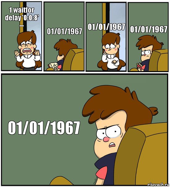 1 waitfor delay '0:0:8' -- 01/01/1967 01/01/1967 01/01/1967 01/01/1967, Комикс   гравити фолз