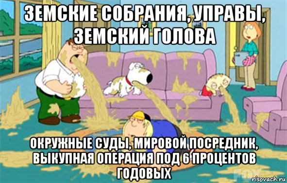 земские собрания, управы, земский голова окружные суды, мировой посредник, выкупная операция под 6 процентов годовых, Мем Гриффины блюют