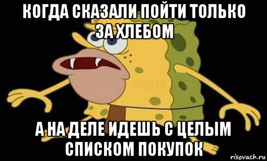 когда сказали пойти только за хлебом а на деле идешь с целым списком покупок, Мем Губка Боб дикарь