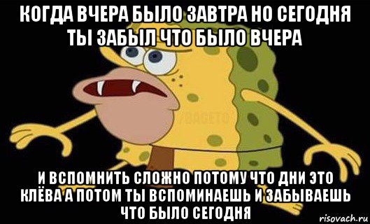 когда вчера было завтра но сегодня ты забыл что было вчера и вспомнить сложно потому что дни это клёва а потом ты вспоминаешь и забываешь что было сегодня, Мем Губка Боб дикарь