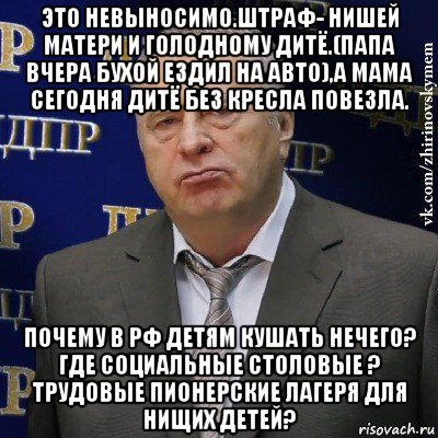 это невыносимо.штраф- нишей матери и голодному дитё.(папа вчера бухой ездил на авто),а мама сегодня дитё без кресла повезла. почему в рф детям кушать нечего? где социальные столовые ? трудовые пионерские лагеря для нищих детей?, Мем Хватит это терпеть (Жириновский)