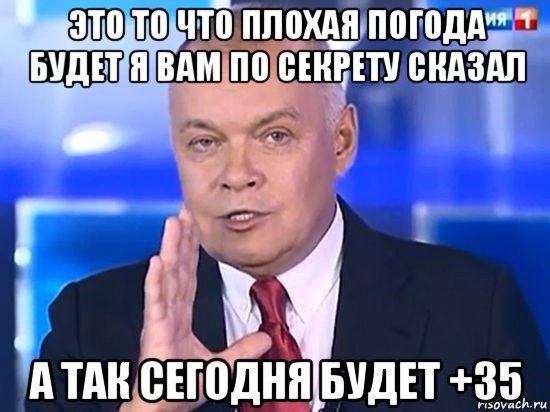 это то что плохая погода будет я вам по секрету сказал а так сегодня будет +35, Мем Киселёв 2014