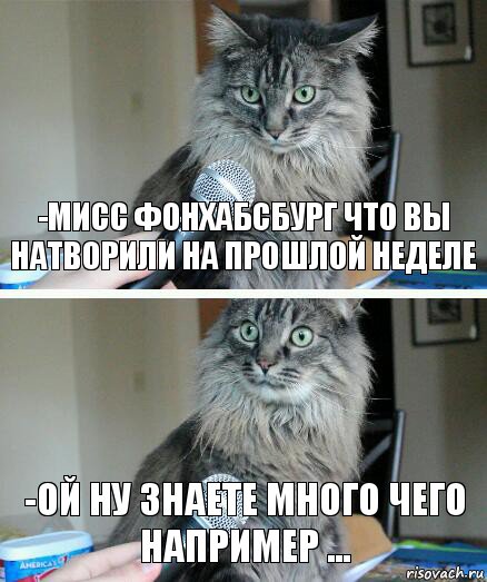 -Мисс Фонхабсбург что вы натворили на прошлой неделе -ой ну знаете много чего например ..., Комикс  кот с микрофоном