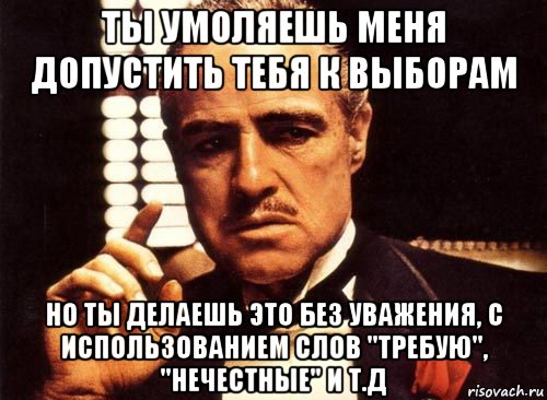 ты умоляешь меня допустить тебя к выборам но ты делаешь это без уважения, с использованием слов "требую", "нечестные" и т.д, Мем крестный отец