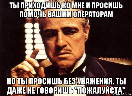 ты приходишь ко мне и просишь помочь вашим операторам но ты просишь без уважения. ты даже не говоришь "пожалуйста", Мем крестный отец