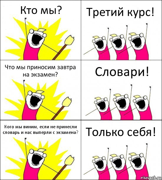 Кто мы? Третий курс! Что мы приносим завтра на экзамен? Словари! Кого мы виним, если не принесли словарь и нас выперли с экзамена? Только себя!, Комикс кто мы