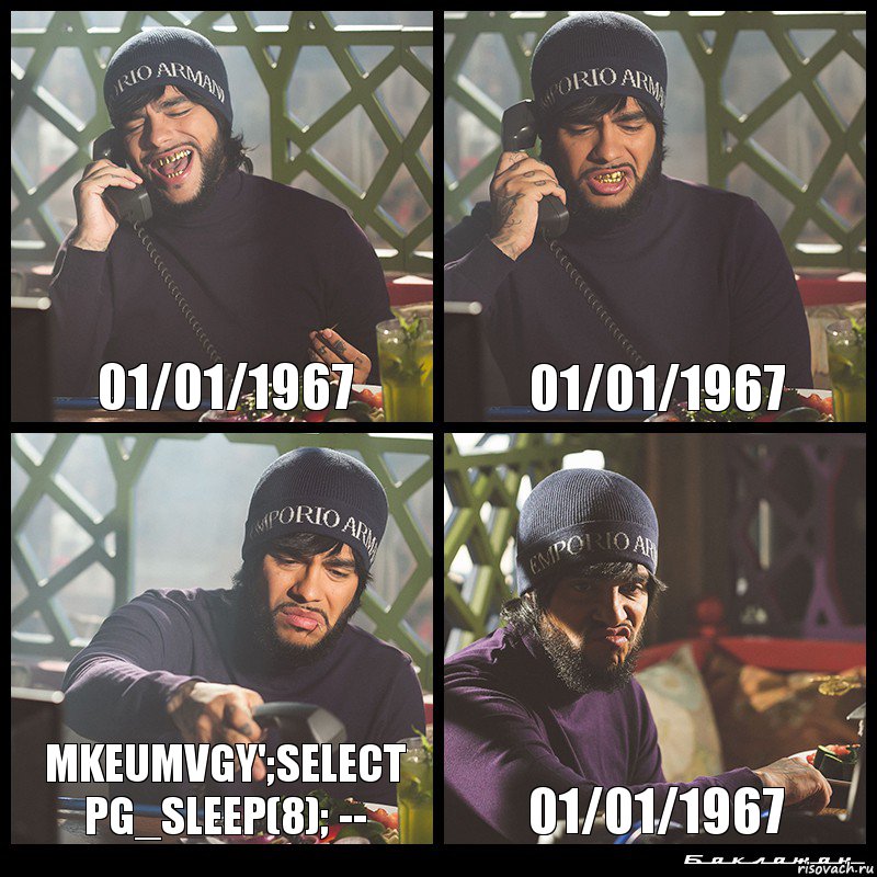 01/01/1967 01/01/1967 MKeUMVGY';select pg_sleep(8); -- 01/01/1967, Комикс  Лада Седан Баклажан