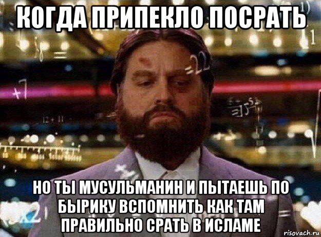 когда припекло посрать но ты мусульманин и пытаешь по бырику вспомнить как там правильно срать в исламе, Мем Мальчишник в вегасе