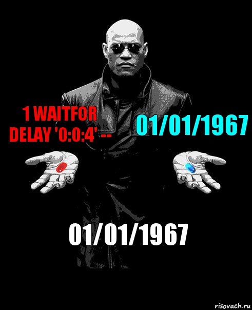 1 waitfor delay '0:0:4' -- 01/01/1967 01/01/1967