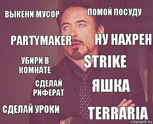 выкени мусор помой посуду убири в комнате сделай уроки яшка STRIKE сделай риферат Terraria Partymaker ну нахрен, Комикс мое лицо