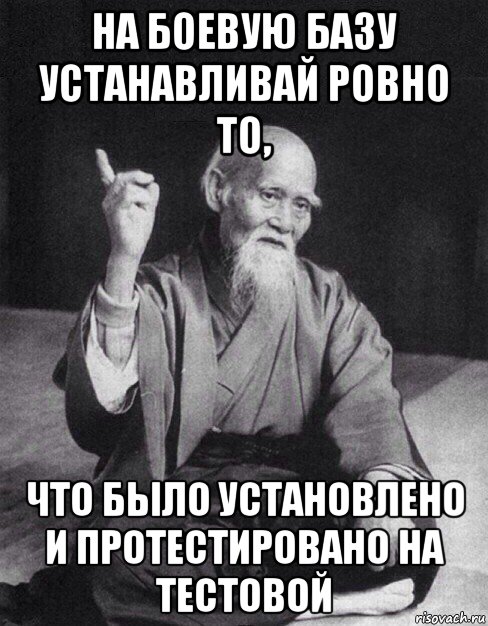 на боевую базу устанавливай ровно то, что было установлено и протестировано на тестовой, Мем Монах-мудрец (сэнсей)