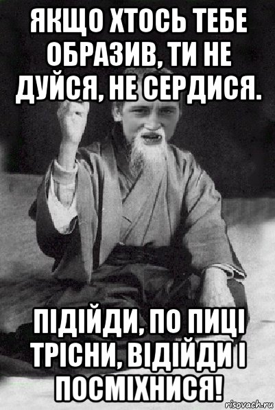 якщо хтось тебе образив, ти не дуйся, не сердися. підійди, по пиці трісни, відійди і посміхнися!, Мем Мудрий паца