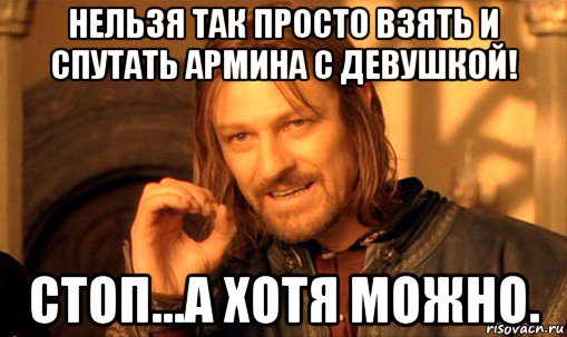 нельзя так просто взять и спутать армина с девушкой! стоп...а хотя можно., Мем Нельзя просто так взять и (Боромир мем)