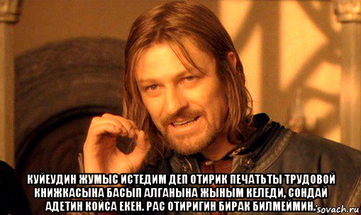  куйеудин жумыс истедим деп отирик печатьты трудовой книжкасына басып алганына жыным келеди, сондай адетин койса екен. рас отиригин бирак билмеймин., Мем Нельзя просто так взять и (Боромир мем)