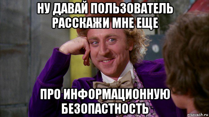 ну давай пользователь расскажи мне еще про информационную безопастность, Мем Ну давай расскажи (Вилли Вонка)