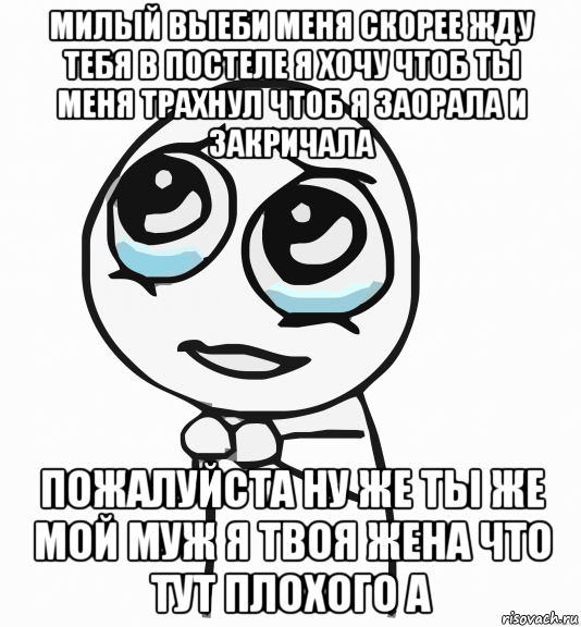 милый выеби меня скорее жду тебя в постеле я хочу чтоб ты меня трахнул чтоб я заорала и закричала пожалуйста ну же ты же мой муж я твоя жена что тут плохого а, Мем  ну пожалуйста (please)