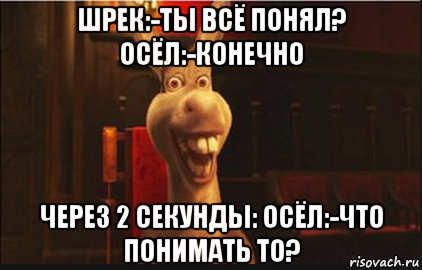 шрек:-ты всё понял? осёл:-конечно через 2 секунды: осёл:-что понимать то?, Мем Осел из Шрека