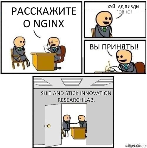 Расскажите о nginx ХУЙ! АД ПИЗДЫ! ГОВНО! Вы приняты! Shit and Stick innovation research lab., Комикс  Приняты