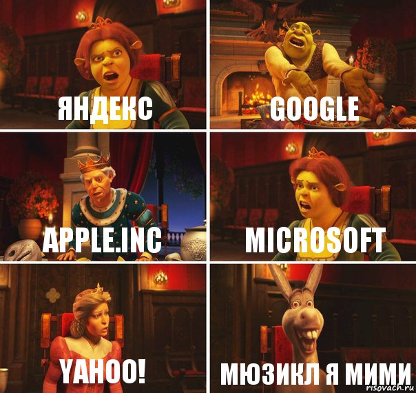 яндекс google apple.inc microsoft yahoo! Мюзикл я мими, Комикс  Шрек Фиона Гарольд Осел